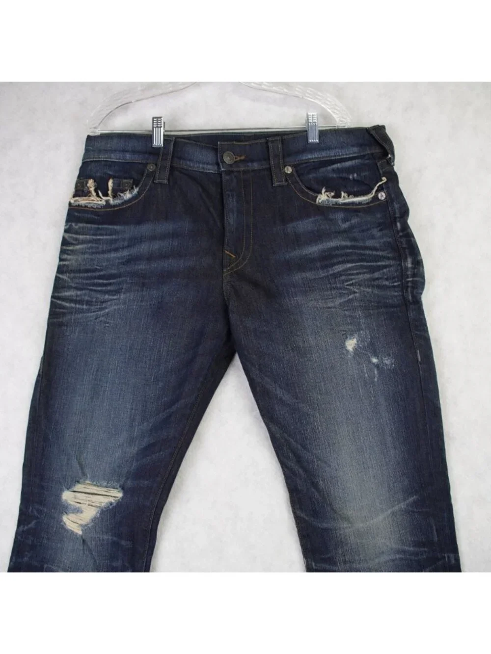 True Religion Mens Ricky Relaxed Straight Distressed Blue Denim Jeans Size 36x33